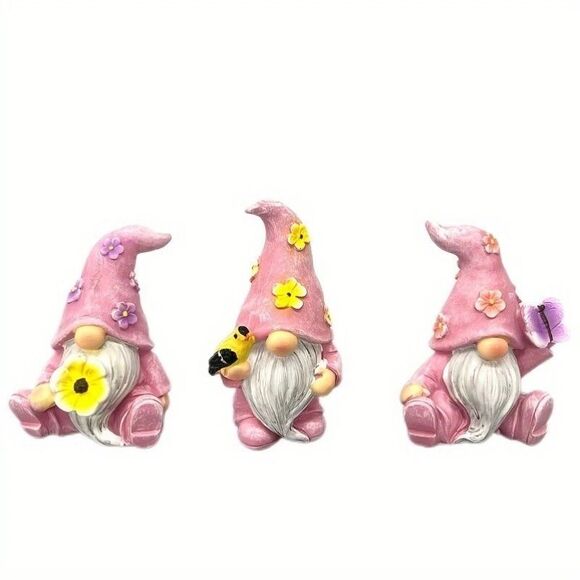 Set of 3 Summer Nisse Gnome Figurine Pink Hats with Flowers Garden Shelf Decor - Picture 1 of 3